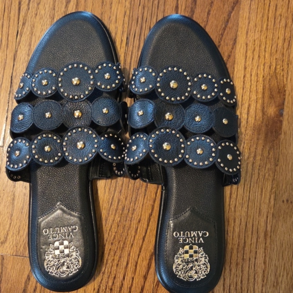 Vince Camuto Black and Gold Studded Sandals